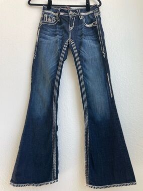 Rock Revival Dark Indigo Flare Jeans with White Contrast Stitching • 26